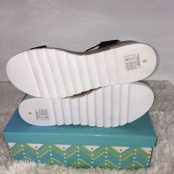 NIB Black Wedge Platform Sandals Stacked Cork Look Elastic Anna - Picture 9 of 14